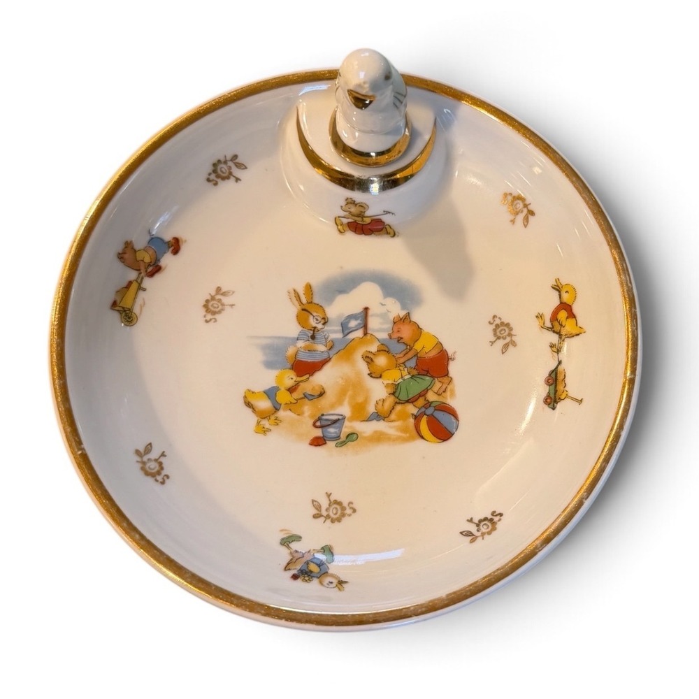 Vtg Limoges Porcelain Baby Warming Plate France Beach Scene Rabbit Pig Chick